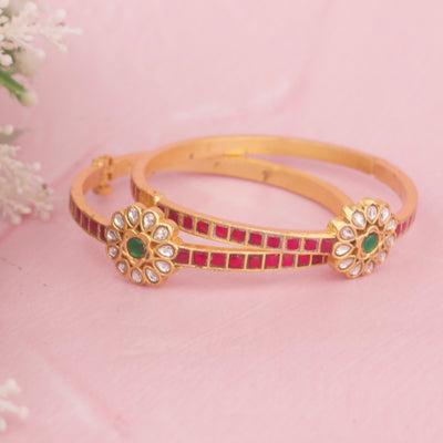 Blooming Jadau Kundan Bangle With Emerald And Ruby Accents
