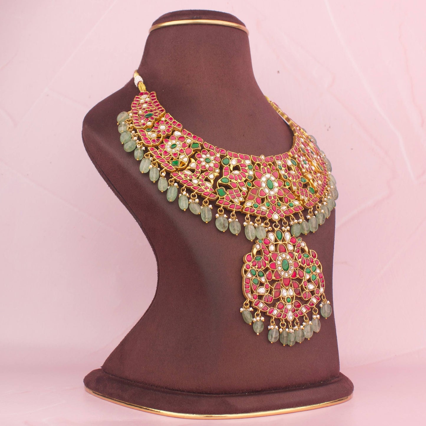 Grand Bridal Floral Design Jadau Kundan  Necklace with Green Beads