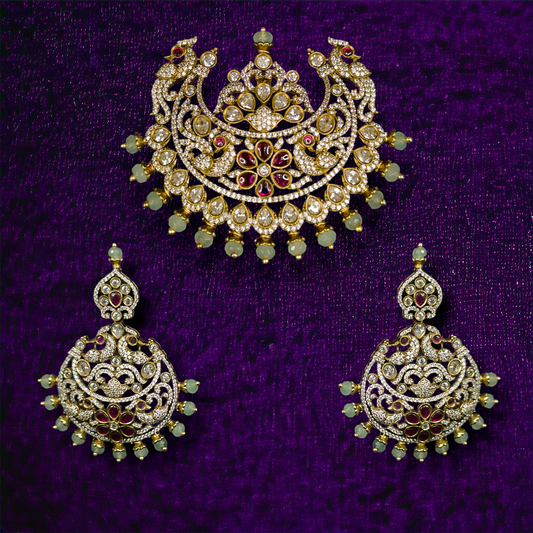 Chandbali-Style Victorian Pendant Set. This Victorian Jewellery Is available in Red & Green colour varaiants. 
