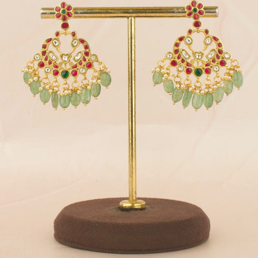 Floral Design Studded Jadau Kundan Chandbali with Green Beads