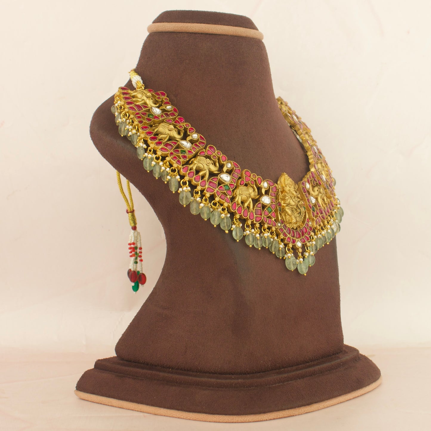Elite Gold Ganesha Elephant Design Jadau Kundan Short Necklace with Green Beads Hanging