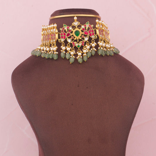 Bridal Jadau Kundan Choker With Pearl Drops - Handcrafted Indian Bridal Jewelry by Dulhan Jewels