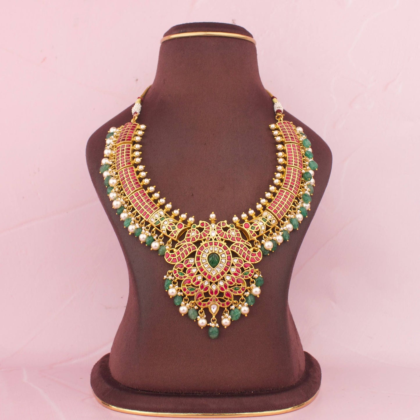 Luxury Jadau Kundan Necklace With Emerald Drop Pendant