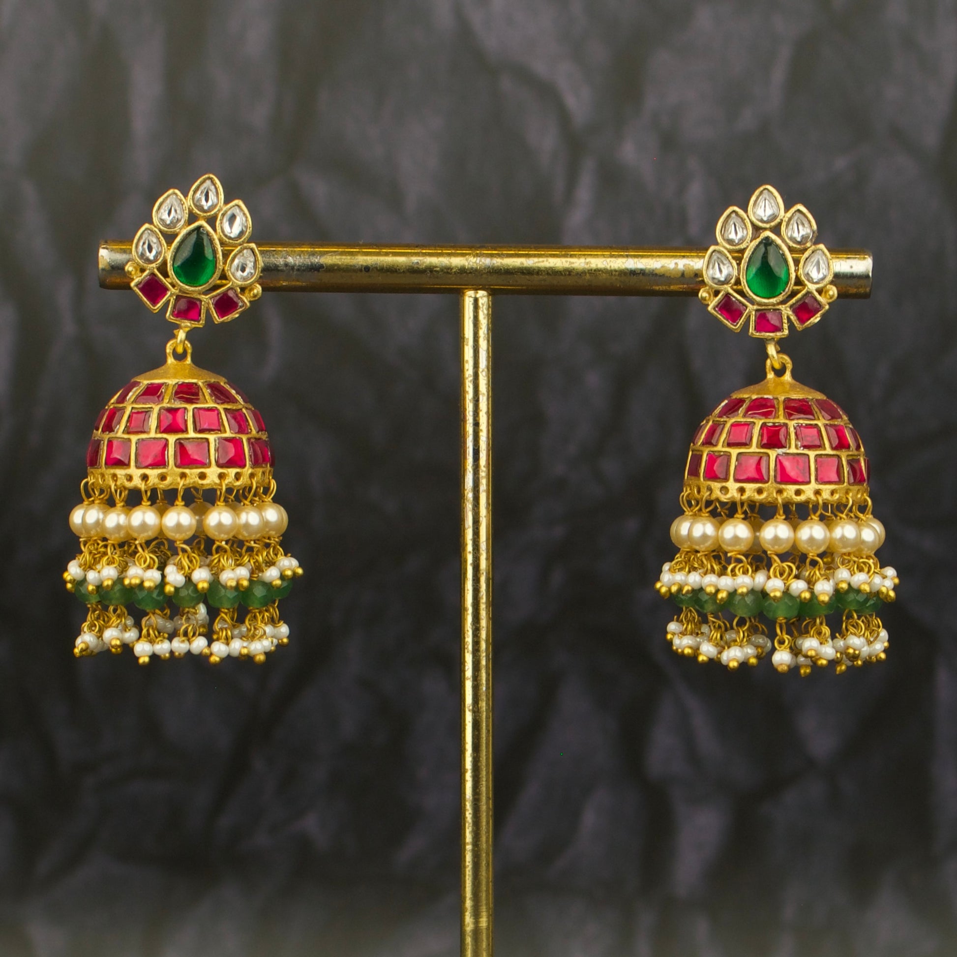 Gold Style Jadau Kundan Jhumki Earrings With Guttapusalu Hangings