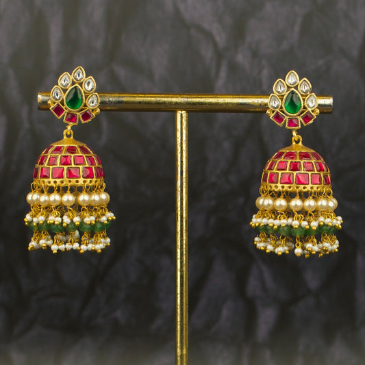 Gold Style Jadau Kundan Jhumki Earrings With Guttapusalu Hangings