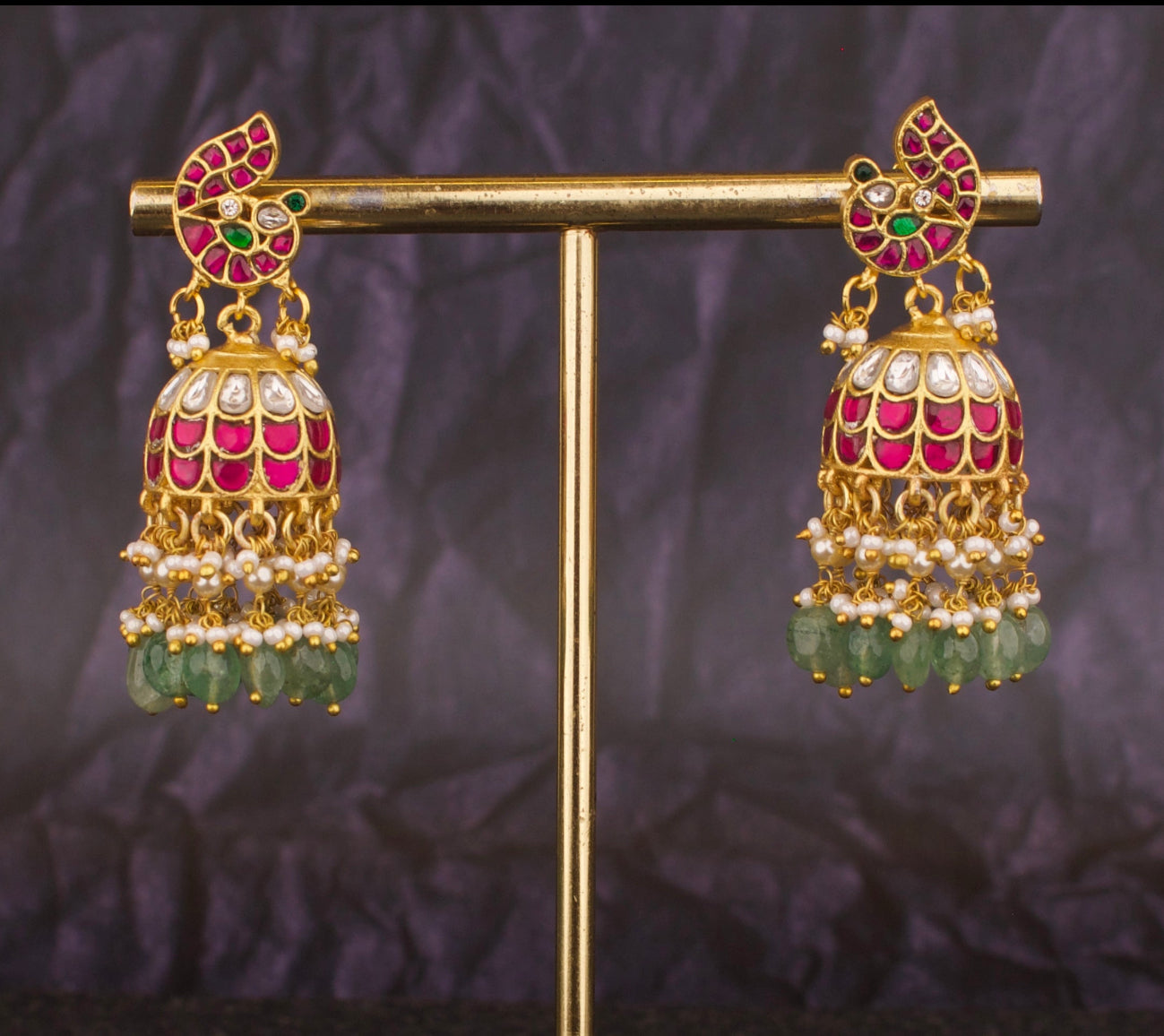 Peacock Studded Jadua Kundan Jhumka Earrings With Triple Step Hangings - DULHAN JEWELS