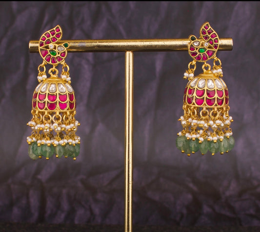 Peacock Studded Jadua Kundan Jhumka Earrings With Triple Step Hangings - DULHAN JEWELS