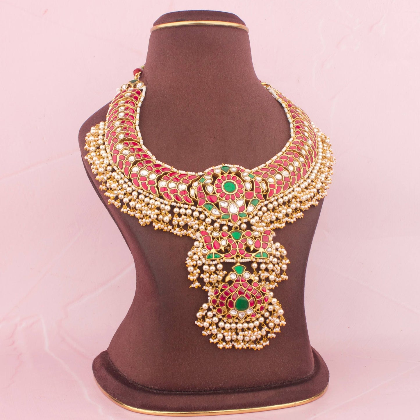 Gold Inspired Jadau Kundan Bridal Necklace With Pearl Hangings
