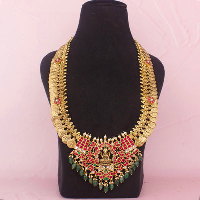 Heritage Temple Coin Haram with Lakshmi Devi Pendant And Green Beads