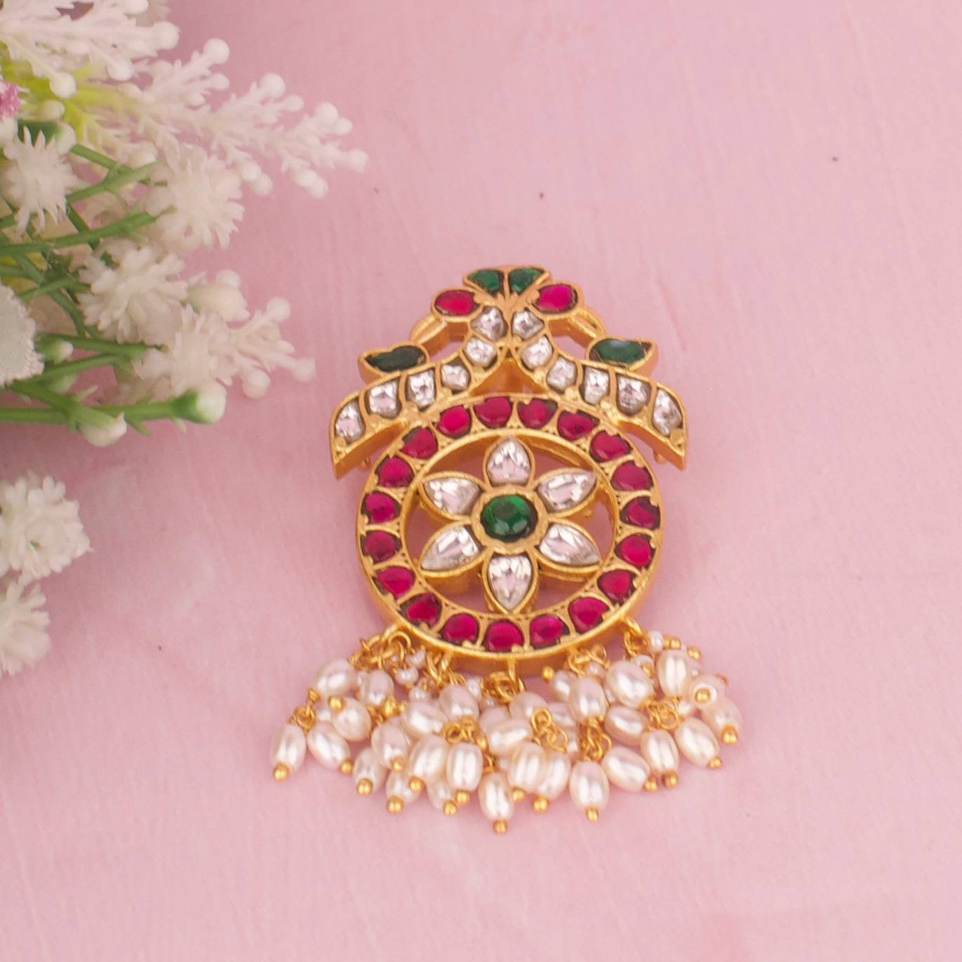 Lavish Floral Design Jadau Kundan Locket with Beads Hanging