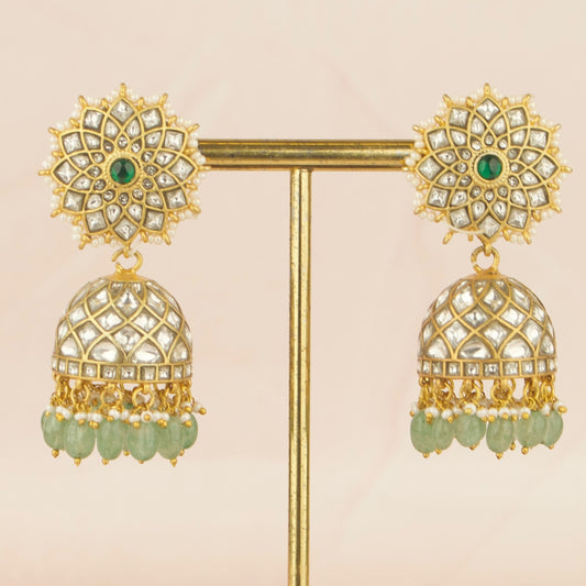 Gold inspired Floral Studded Jadau Kundan Jhumki with Beads