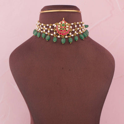 Designer Jadau Kundan Choker With Green Drops