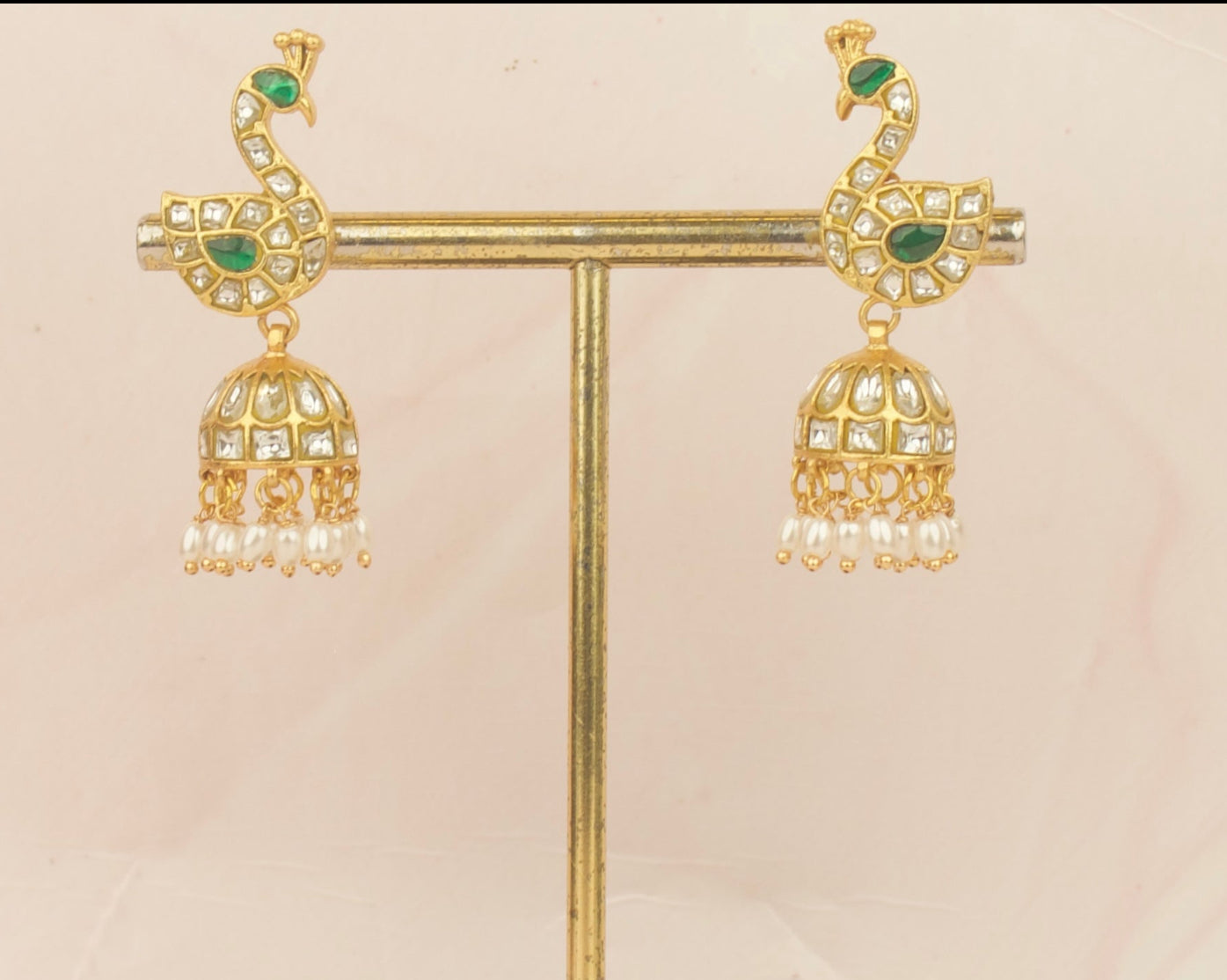 Unique Peacock Studded Jadau Kundan Jhuki With Guttapusalu Hangings - DULHAN JEWELS