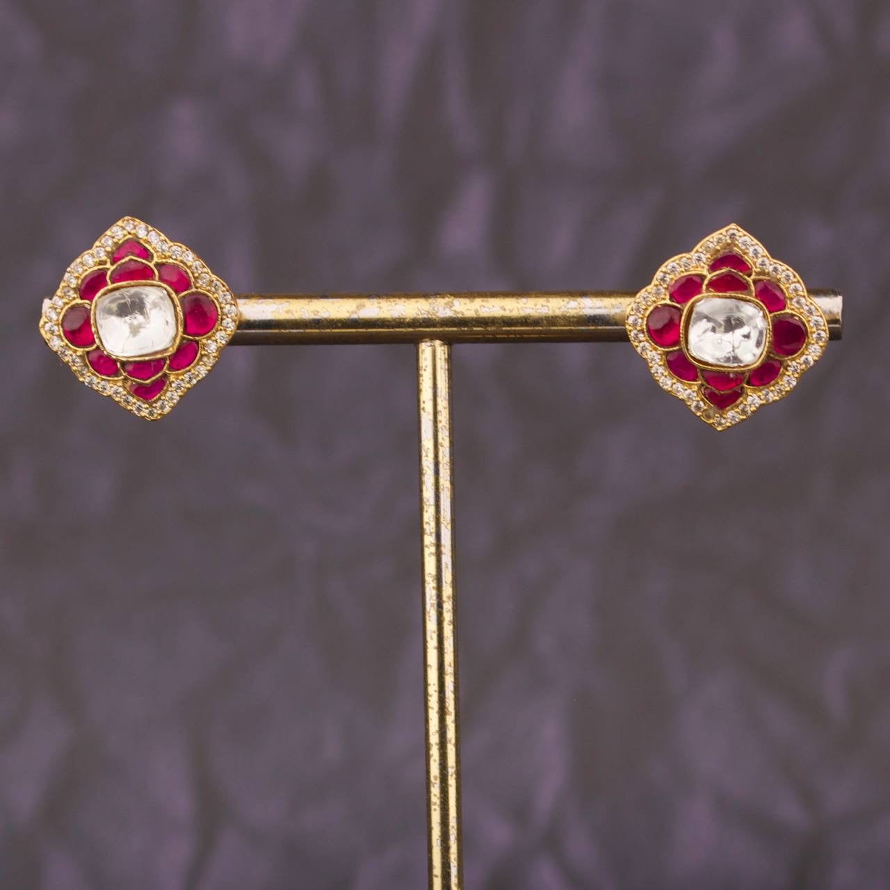 Beautiful Cushion Shape Stone Studded Jadau Kundan Stud Earrings