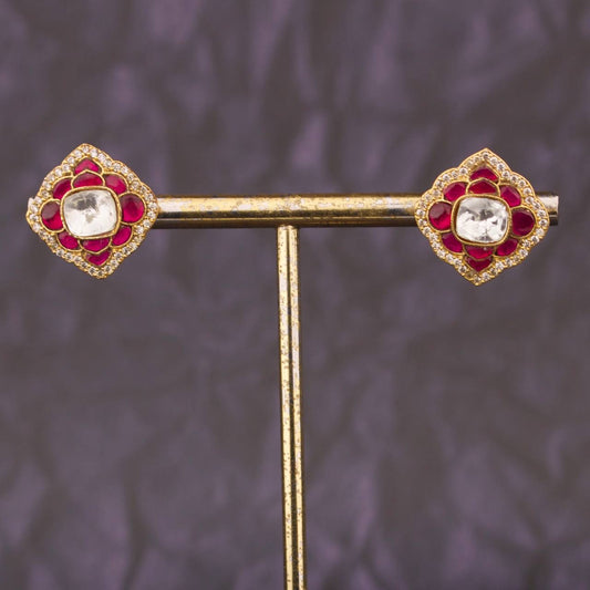 Beautiful Cushion Shape Stone Studded Jadau Kundan Stud Earrings