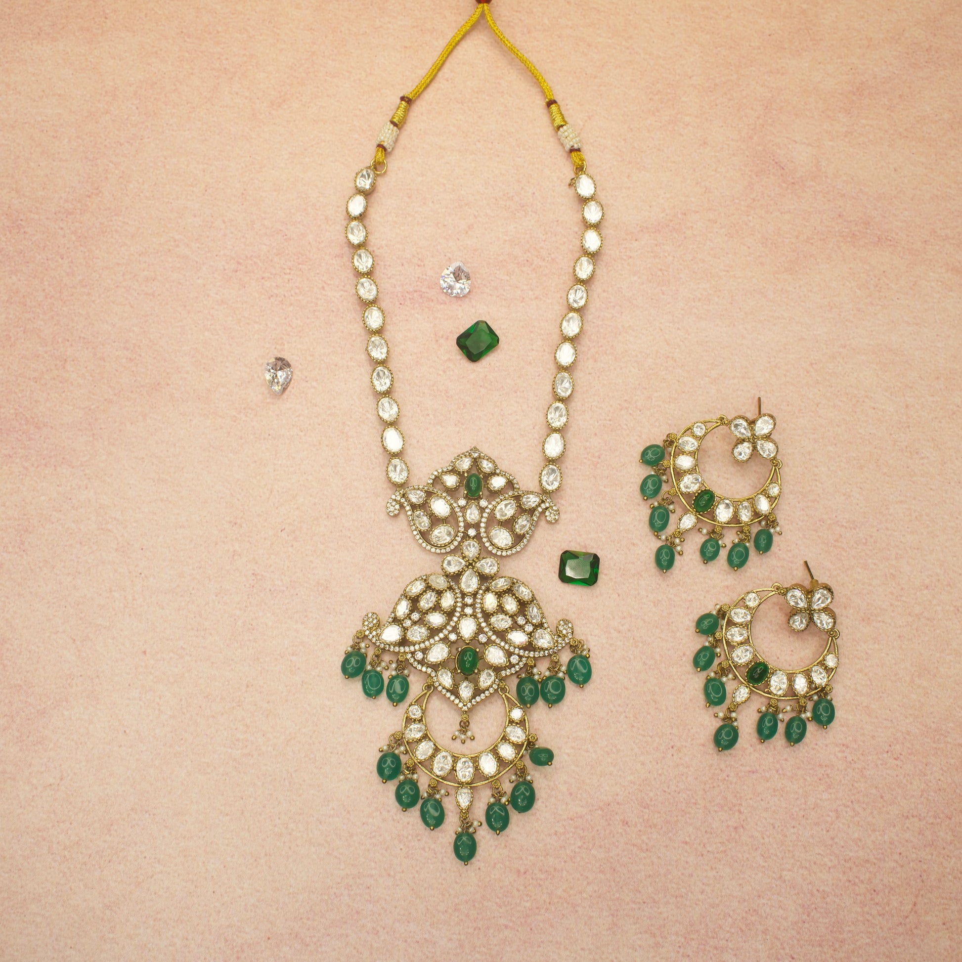 Premium Charming Polki Victorian Necklace Set with Chandbali Earrings adorned with ruby stones,