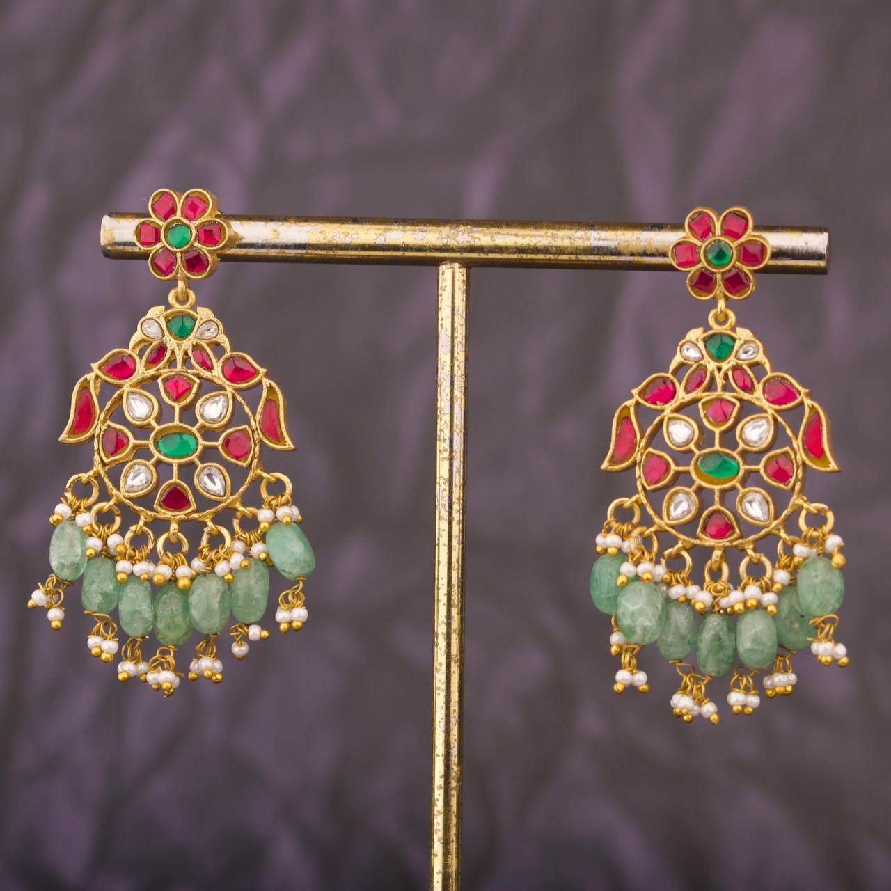 Traditional Jadau Kundan Chandbali with Emerald Green Beads