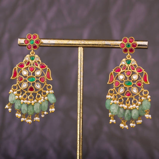 Traditional Jadau Kundan Chandbali with Emerald Green Beads