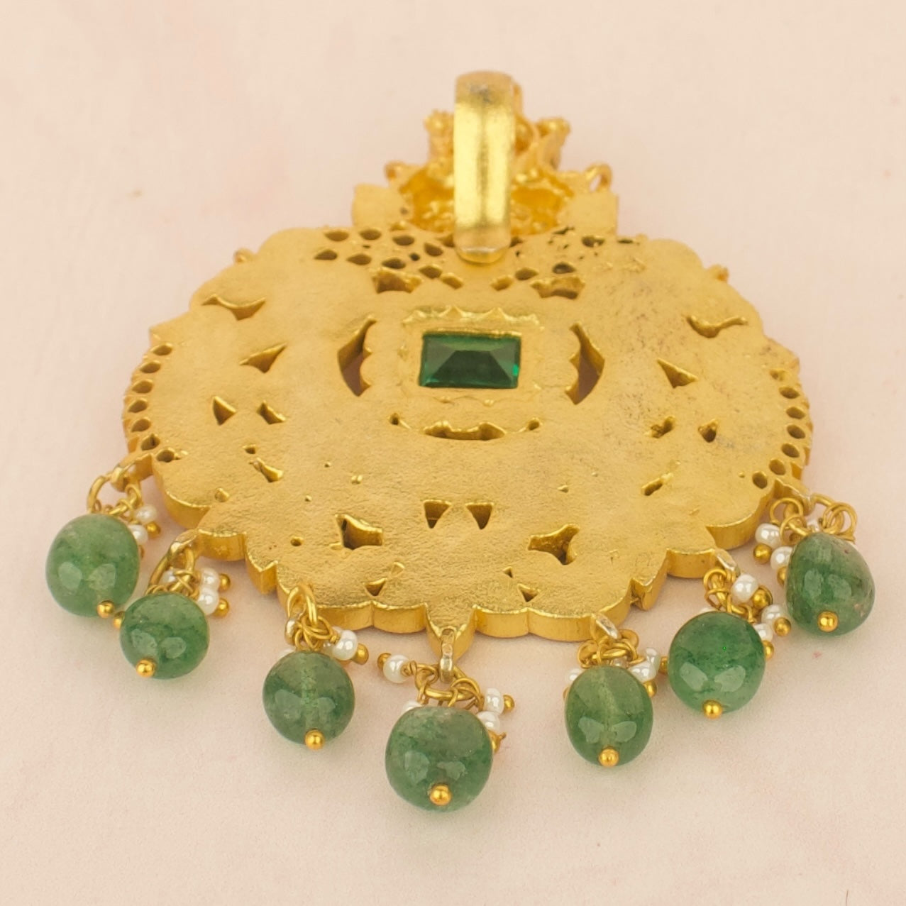 Majestic Goddess Lakshmi Emerald-Centered Jadau Kundan Pendant