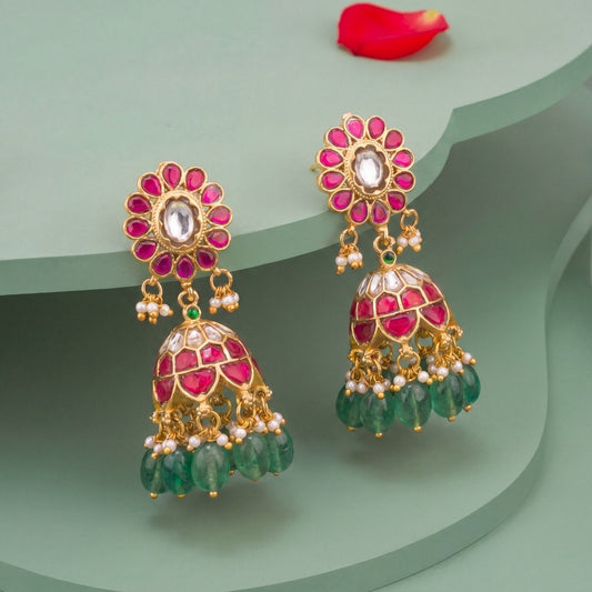 Graceful Jadau Kundan Jhumka Earrings With Emerald Beads