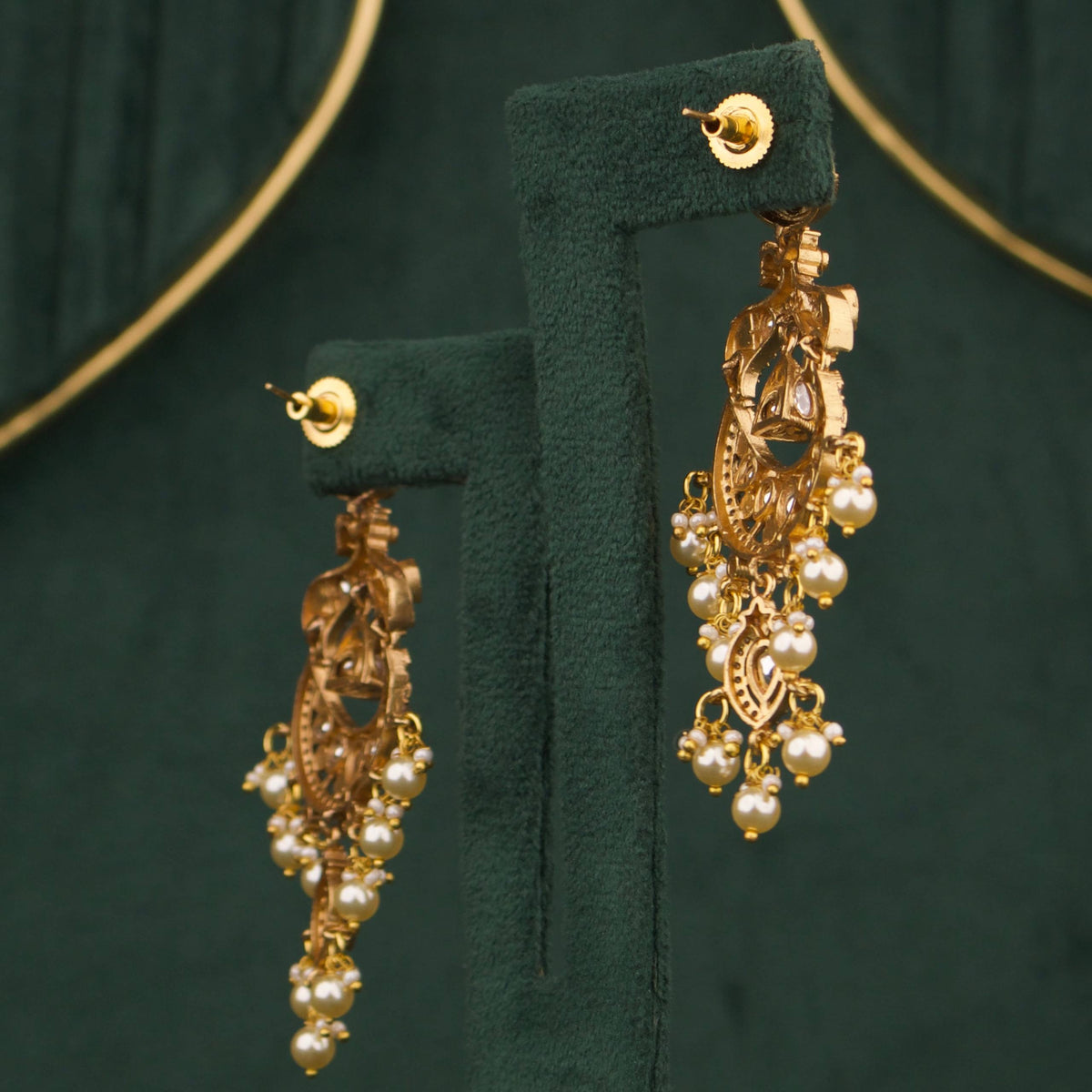 Designer Emerald Victorian Chandbali Earrings With Pearl Drops