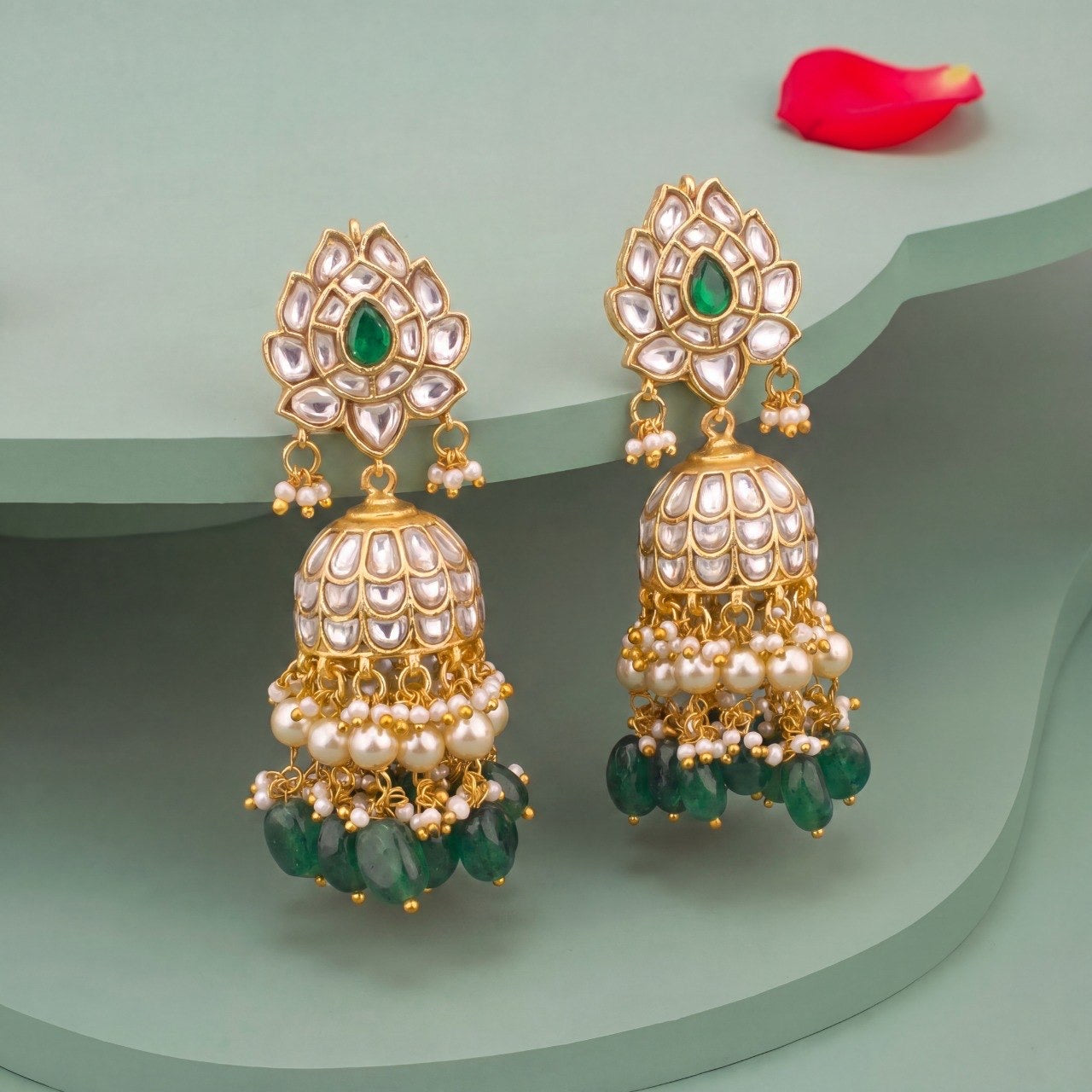 Premium Floral Studded Jadau Kundan Jhumki With Pearl And Bead Hangings adorned with ruby stones