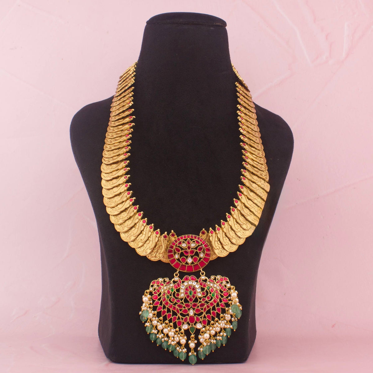 Temple Style Jadau Kundan Long Necklace With Green Drops