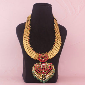 Temple Style Jadau Kundan Long Necklace With Green Drops