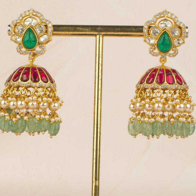 Bridal Gold Style Jadau Kundan Jhumki with Green Beads