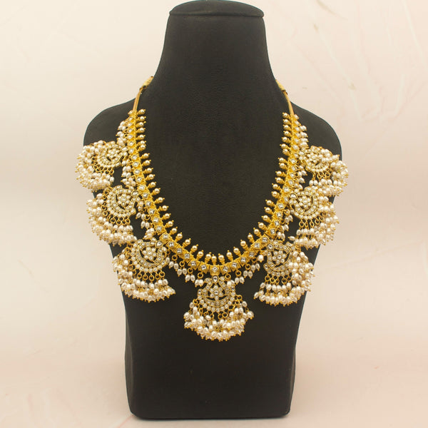 Women Gold-Plated White Pearl Multi-Strand Necklace Set with Kundan & Emerald Beads