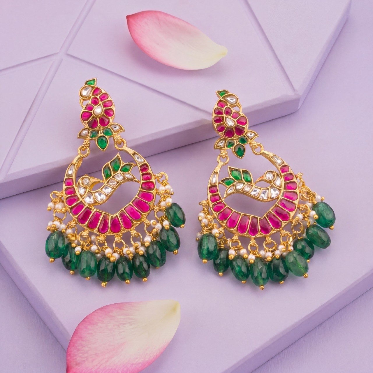Luxury Jadau Kundan Chandbali Earrings With Intricate Peacock Motif