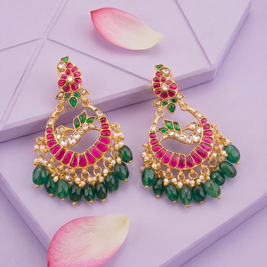 Luxury Jadau Kundan Chandbali Earrings With Intricate Peacock Motif