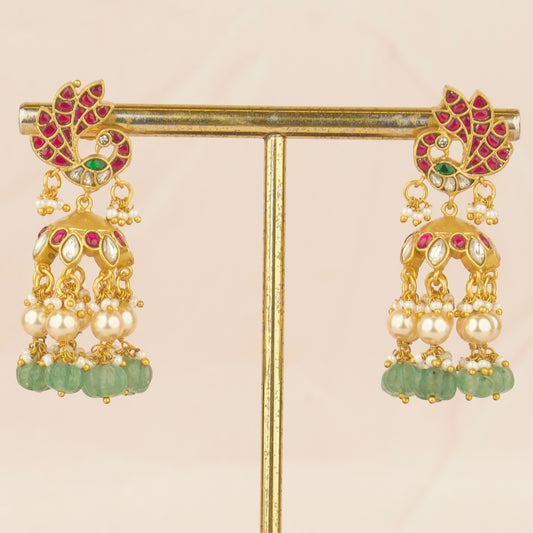 Graceful Peacock Design Studded Jadau Kundan Jhumki Earrings