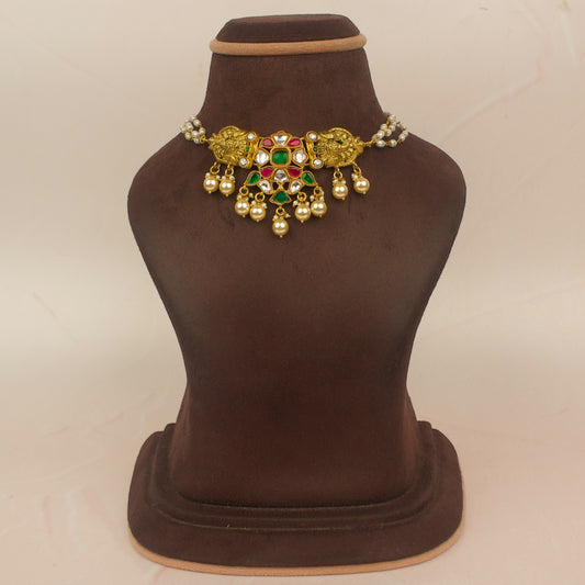 Regal Jadau Kundan Choker with Nakshi Peacock Design and Pearl Drops