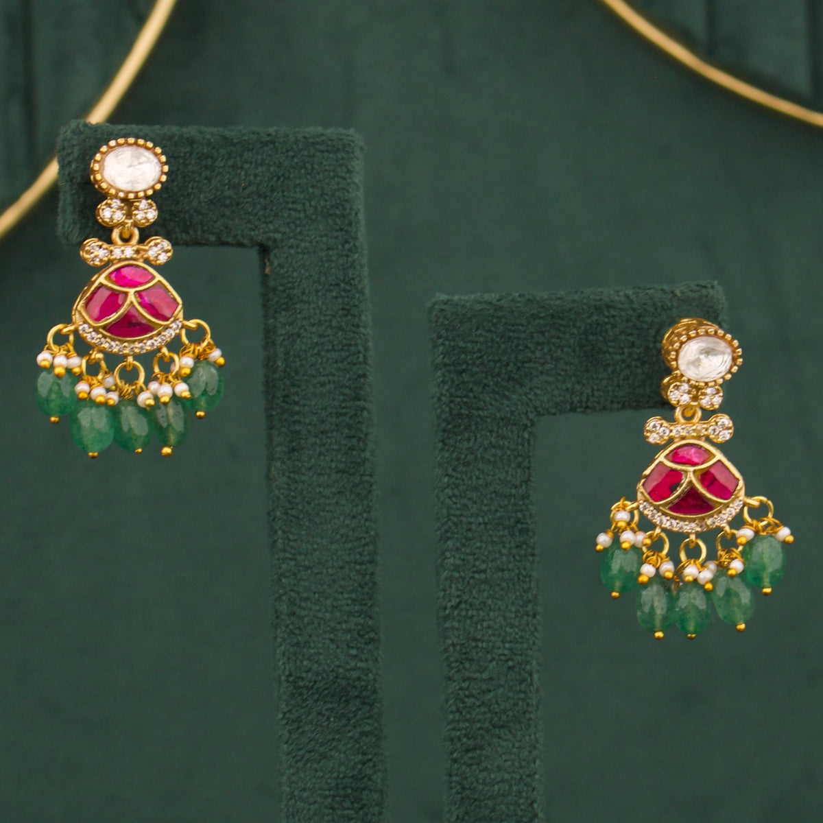 Ruby Victorian Polki Necklace Set with Matching Earrings Styling Angle View 4 - Dulhan Jewels