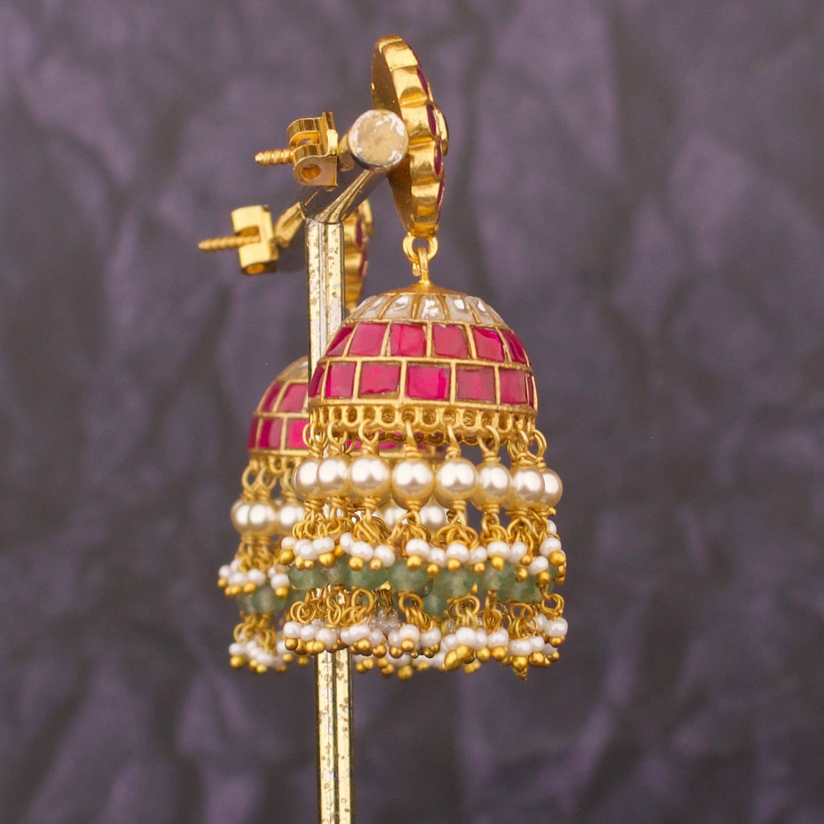 Graceful Jadau Kundan Jhumka Earrings With Round Floral Stud - Alternate View 1