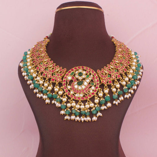 Stunning Jadau Kundan Peacock Locket Necklace With Guttapusalu Hangings