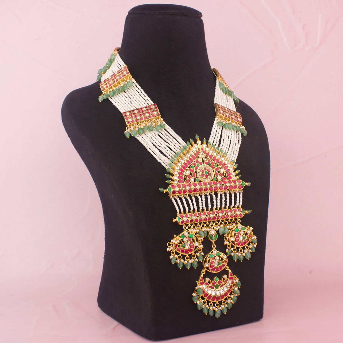 Bridal Jadau Kundan Necklace With White Bead Strands And Statement Pendant