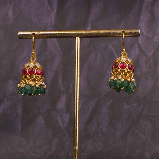 Jadau Kundan Hanging Jhumki Earrings With Russian Beads As Hangings