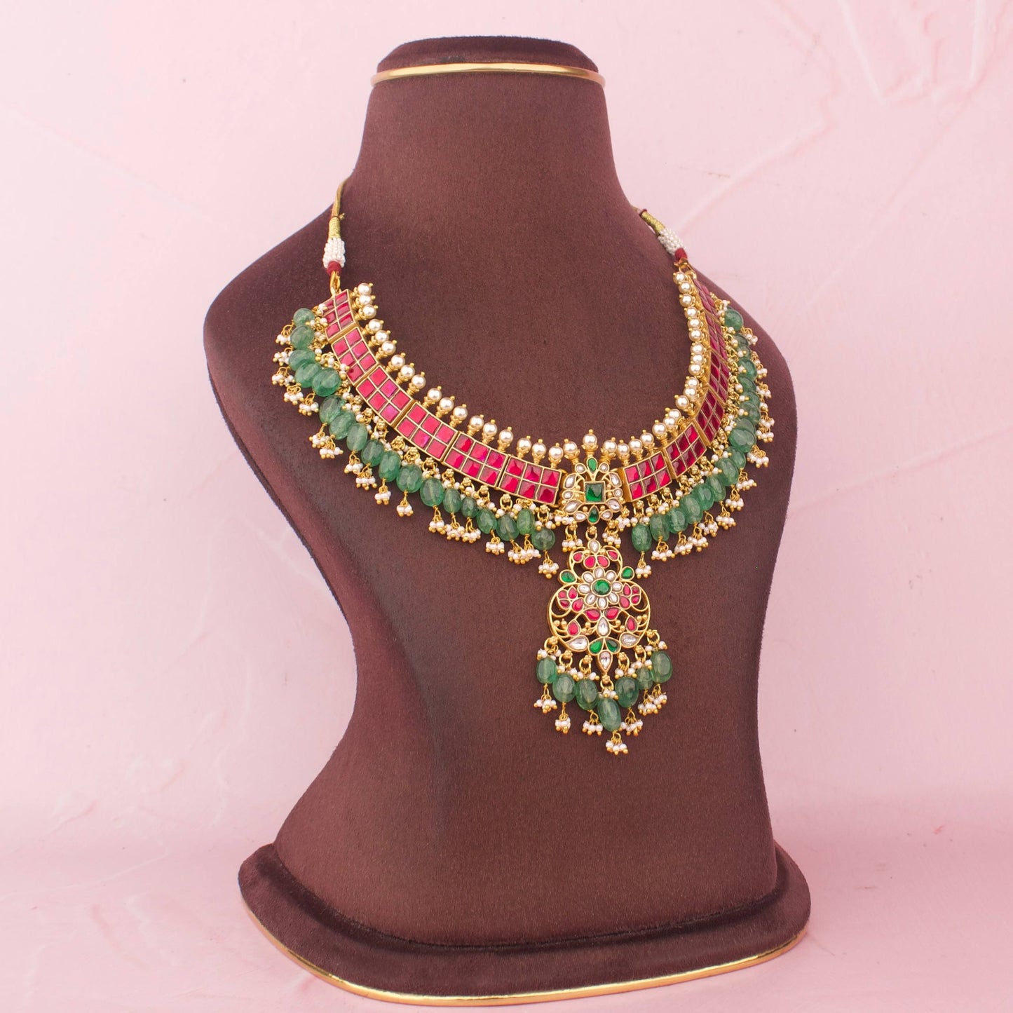 Imperial Jadau Kundan Necklace With Pendant And Green Hangings