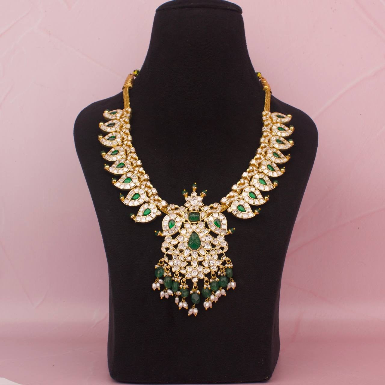 Regal Moissanite Polki Mangi Necklace With Guttapusalu Hangings
