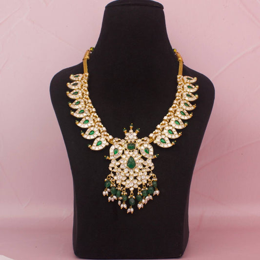 Regal Moissanite Polki Mangi Necklace With Guttapusalu Hangings