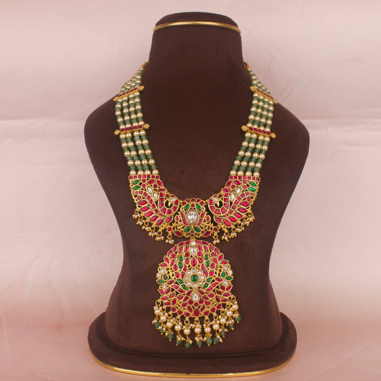 Bridal Jadau Kundan Beads Mala With Kundan Side Lockets