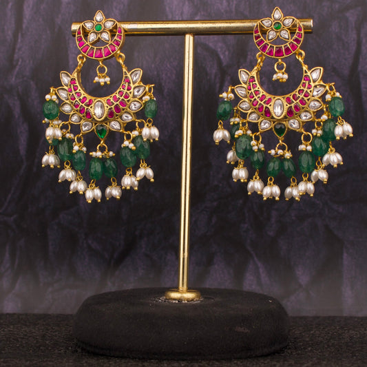 Graceful Jadau Kundan Chand Bali Earrings With Beads Hangings - DULHAN JEWELS