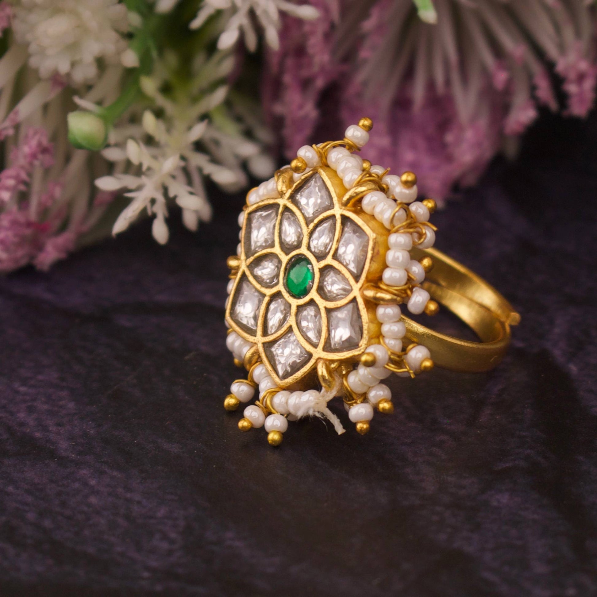 Fine Jadau Kundan Floral Design Pearl Bordered Finger Ring