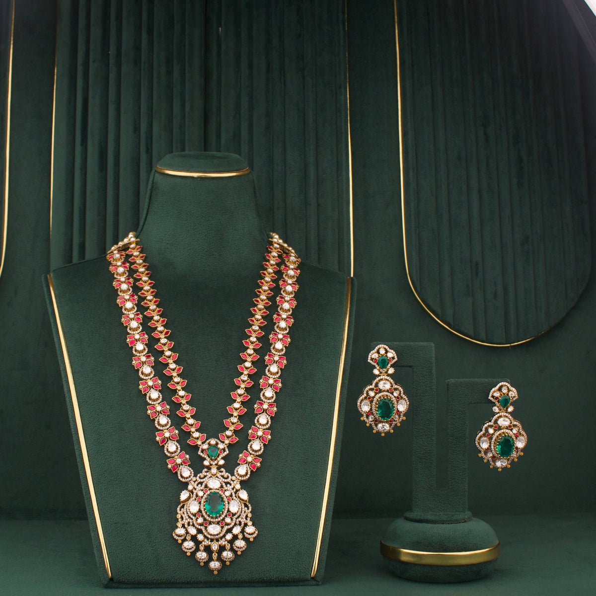 Vintage Emerald Victorian Necklace Set With Ruby And Polki Stones