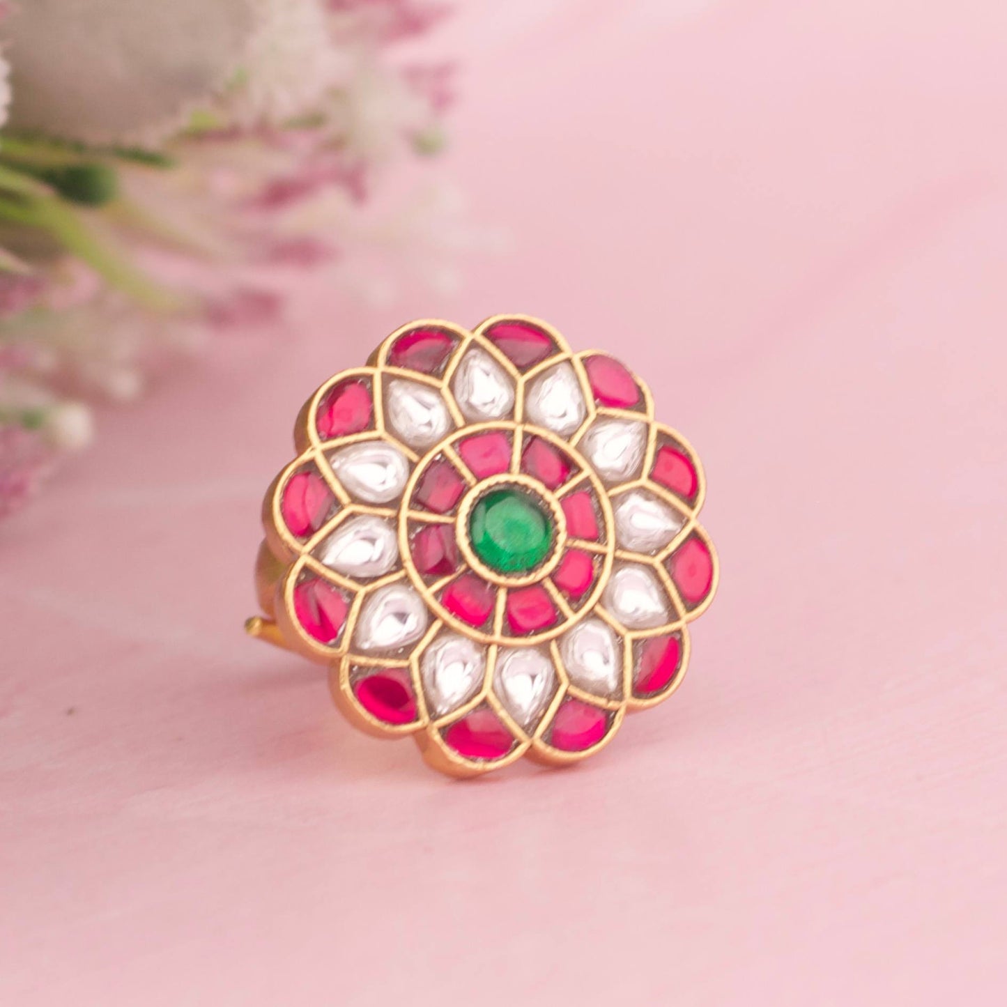Regal Jadau Kundan Floral Ring With Green Center Stone