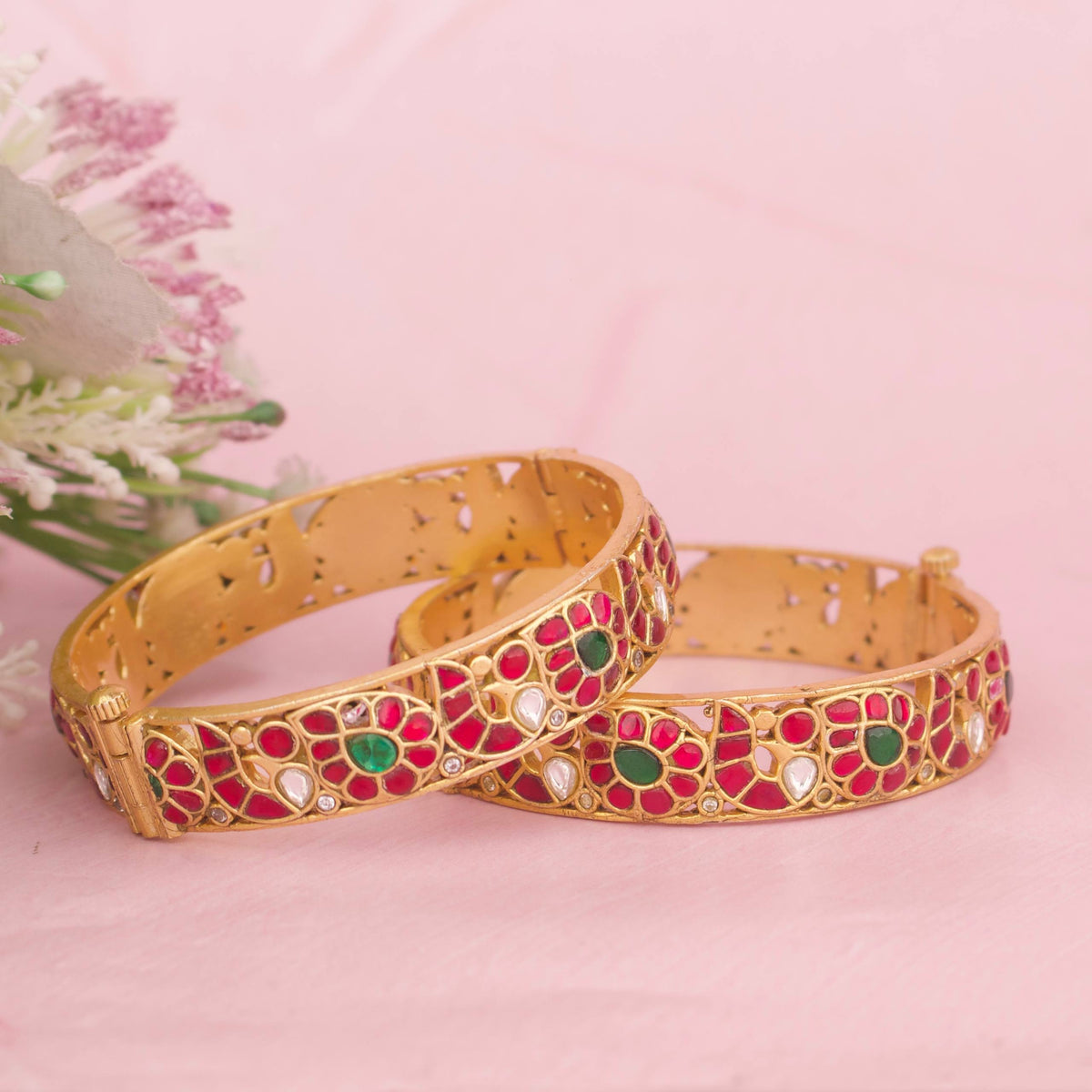 Designer Jadau Kundan Bangles With Floral Motif And Multi-Stone Work - Handcrafted Indian Bridal Jewelry by Dulhan Jewels