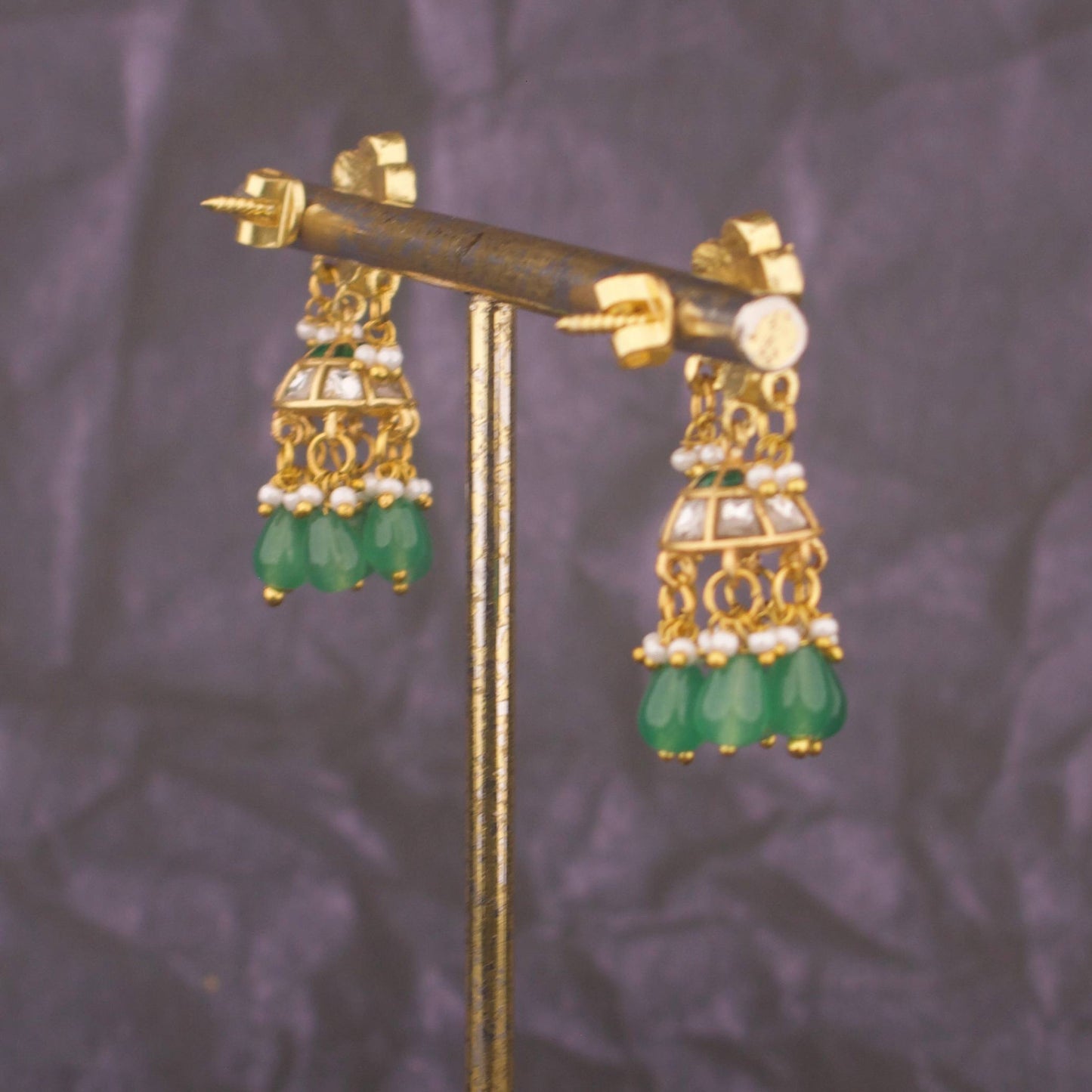 Classic Jadau Kundan Jhumka Earrings With Green Hangings