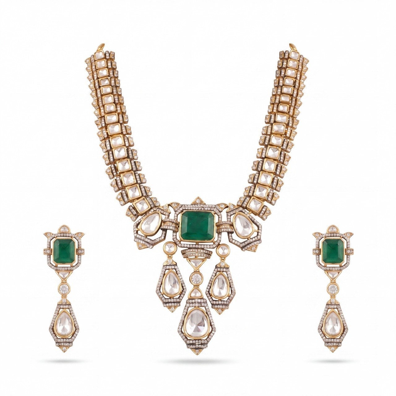 Antique Finish Victorian Polki Necklace Set With Green Stone Pendant And Drop Earrings